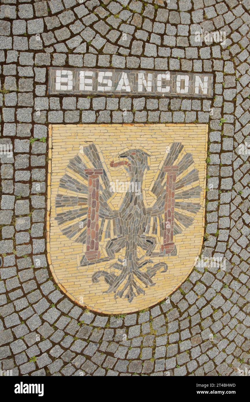 City coat of arms with floor mosaic and inscription, Hotel de Ville, eagle figure, city hall, mosaic, Besancon, Besancon, Doubs, France Stock Photo