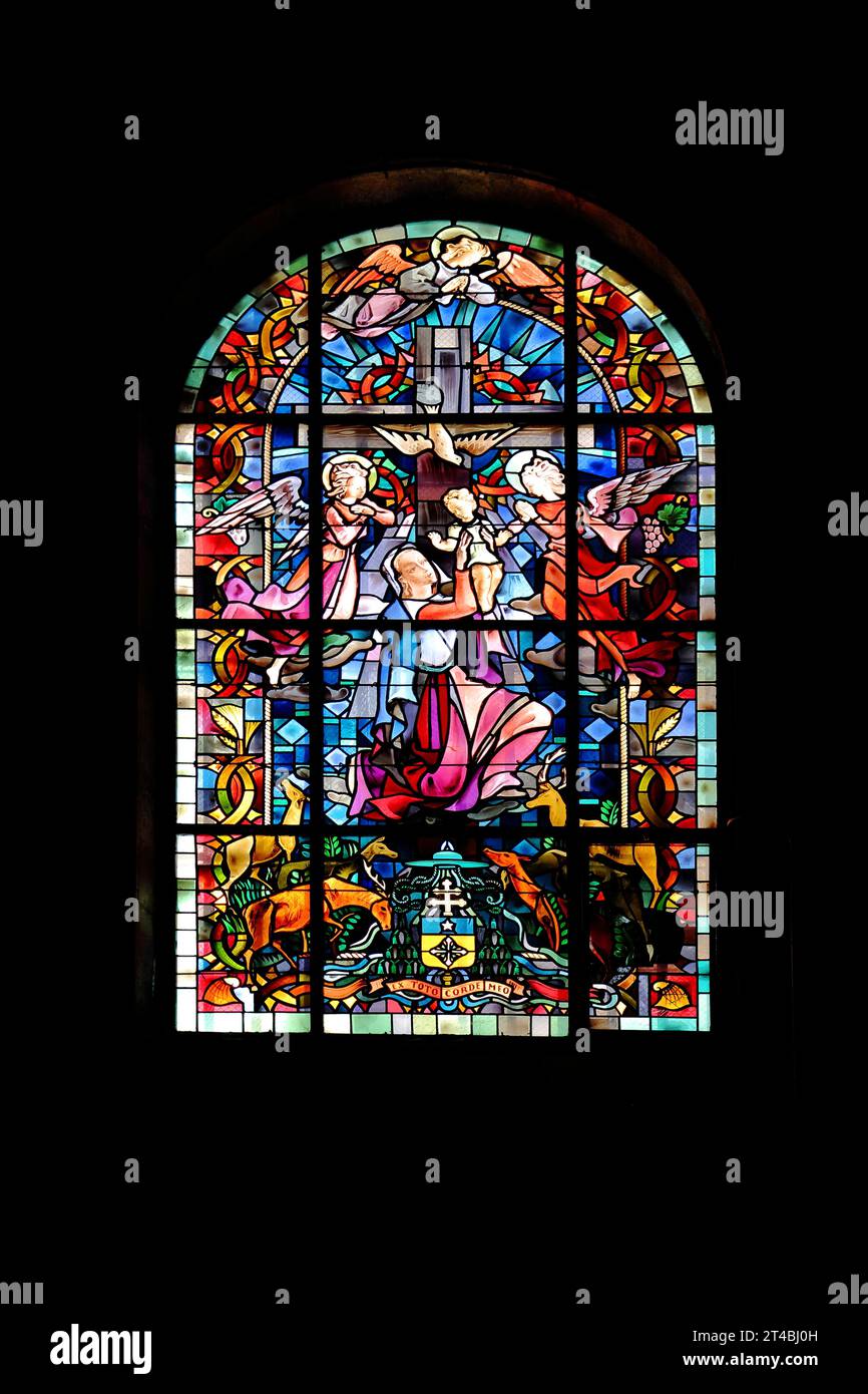Stained glass window with Our Lady, Child Jesus and Angel in St-Jean Cathedral, St John's Church, Saint, Romanesque, Stained glass, Arts and Crafts Stock Photo