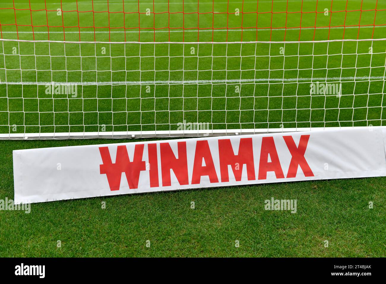 Controversial betting provider Winamax, logo, sports betting, goal, goal net, lawnMHPArena, MHP Arena Stuttgart, Baden-Wuerttemberg, Germany Stock Photo
