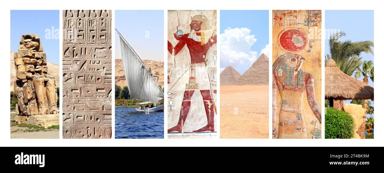 Collection of vertical banners with famous landmarks of Egypt - Great Pyramids in Giza, Colossi of Memnon in Valley of Kings, Luxor, Colorful Mural Wa Stock Photo