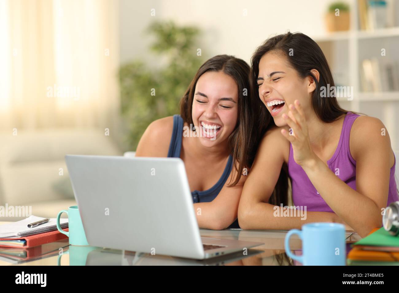 Happy students having video call on laptop sitting at home Stock Photo