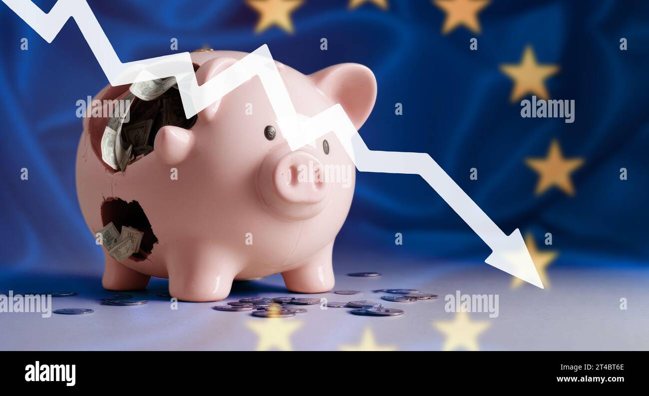 European economic crisis. decline in economic indicators in Europe, inflation, recession, depression, crisis. down arrow and broken piggy bank on Flag Stock Photo