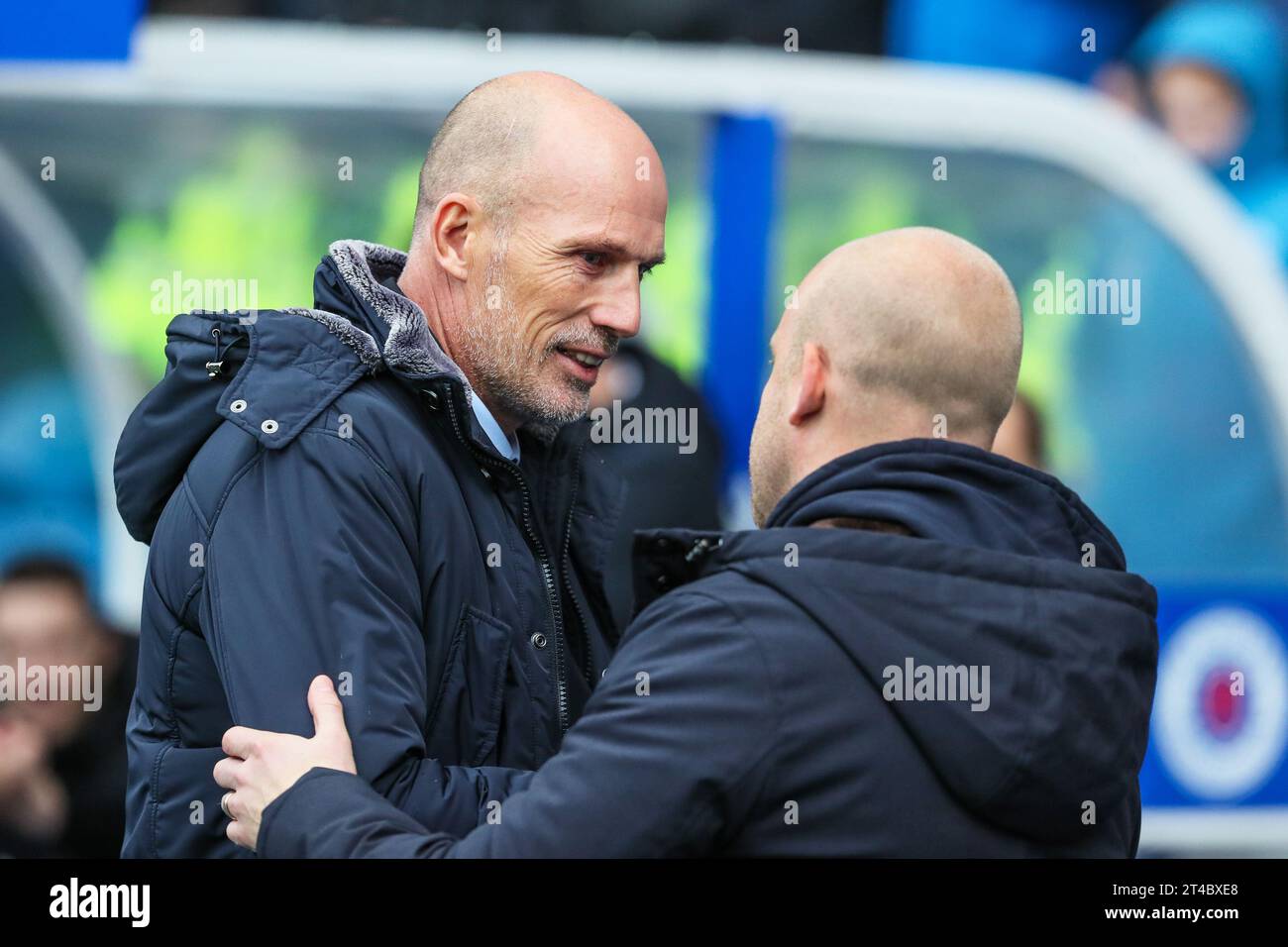 PHILIPPE CLEMENT, manager of Rangers FC, greeting STEVEN NAISMITH, manager of Heart of Midlothian FC, before a Scottish Premiership football match at Stock Photo