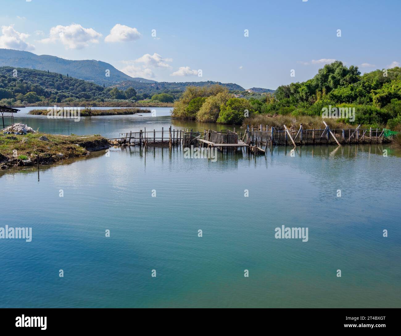 Fish traps on peaceful Lake Andiniotissa on the island of Corfu in the Ionian Islands of Greece a favourite picnic location of the Durrell family Stock Photo