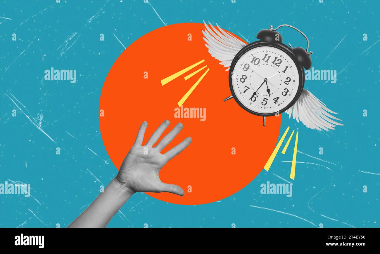 A contemporary artistic collage, time is flying by. A hand is