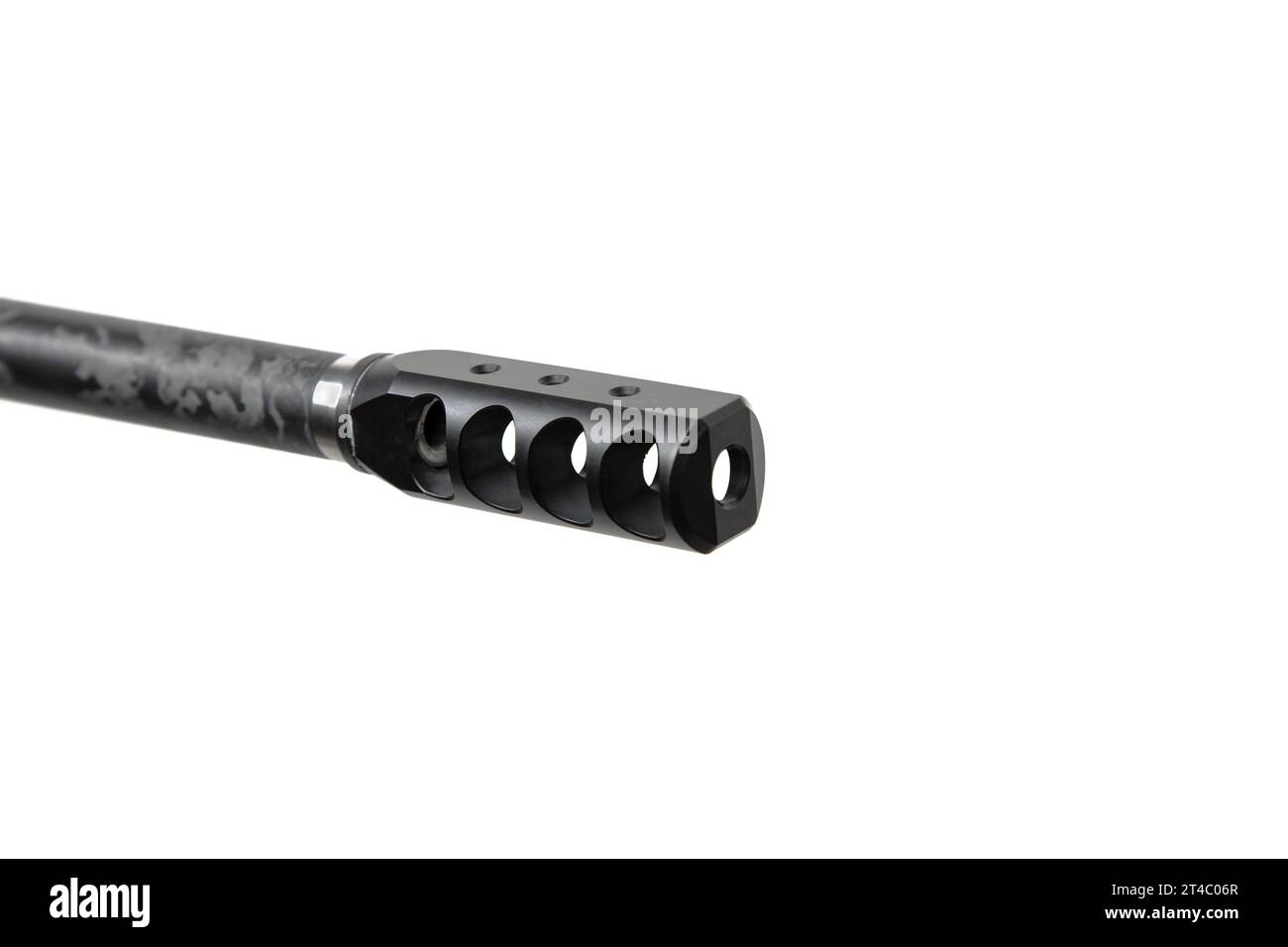 Muzzle brake compensator. Device for compensating for barrel toss. Isolate on a white background. Stock Photo
