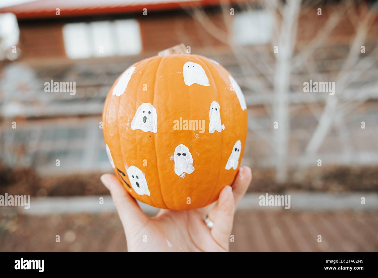 Lady holds small pumpkin with ghost art Stock Photo