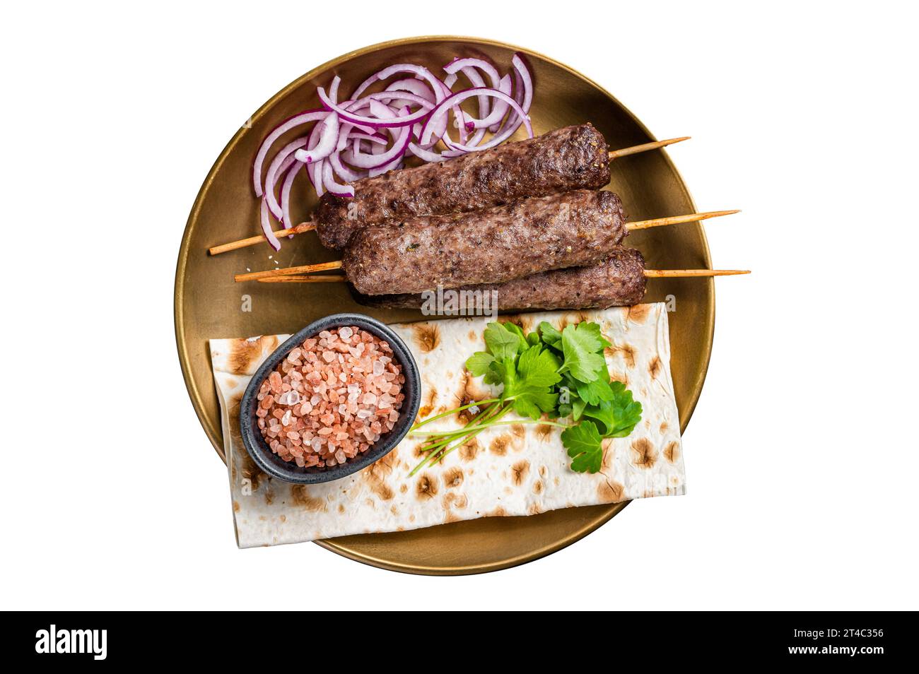 Lamb meat kofta kebab, onion and flat bread on plate. Isolated on white