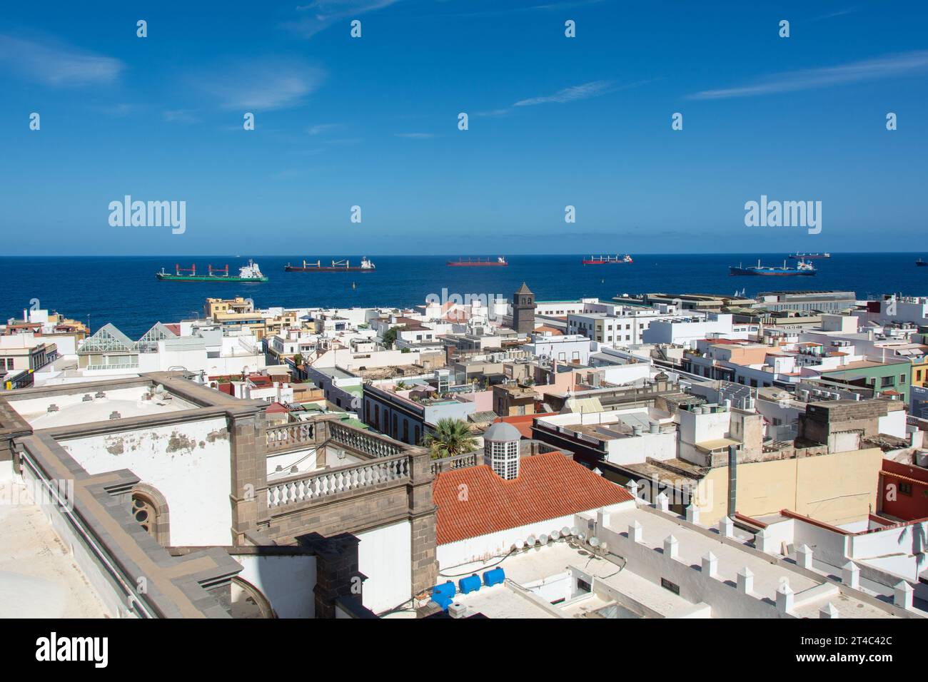 View from above of the capital Las Palmas Gran Canaria in Spain with part of the Santa Ana Cathedral Stock Photo