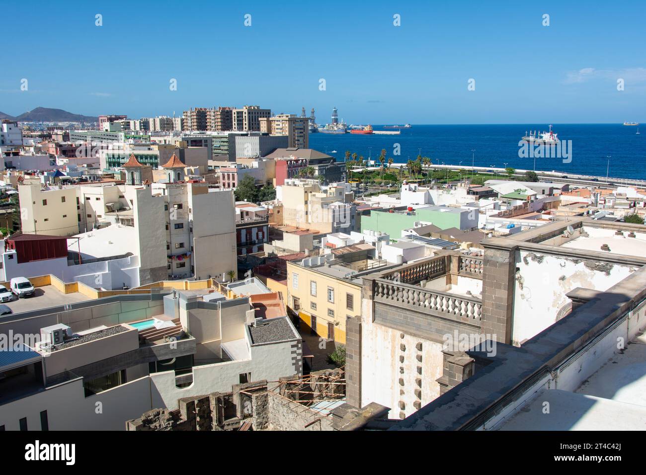 Panoramic view from above of the capital Las Palmas Gran Canaria in Spain with part of the Santa Ana Cathedral and views to the harbor and the sea Stock Photo