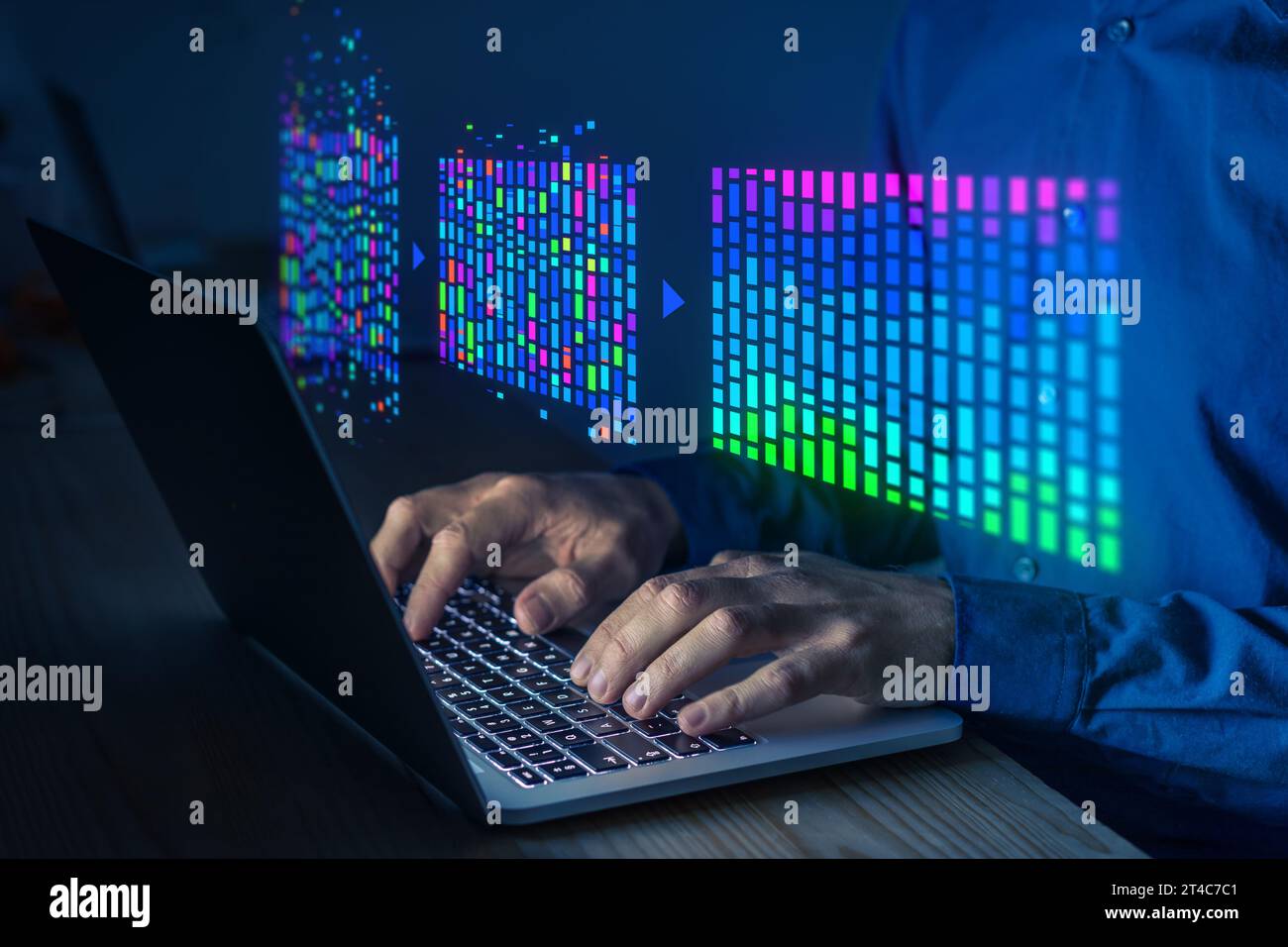 Big data and AI technology. Data science and data analytics. Scientist analysing complex data set on computer. Data mining, artificial intelligence, m Stock Photo