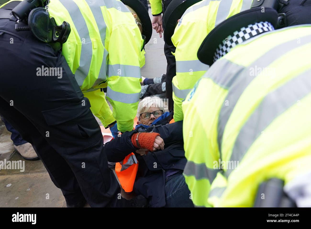 A person is detained by police officers during a Just Stop Oil