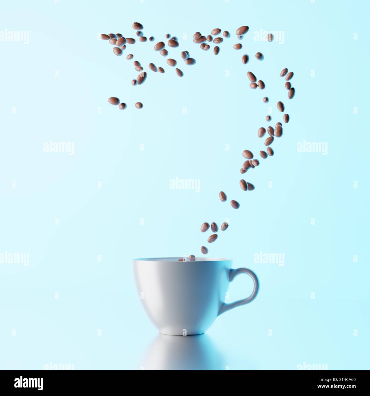 Falling Mug Empty Coffee mug on a wet table, coffee beans falling inside the mug on a ...