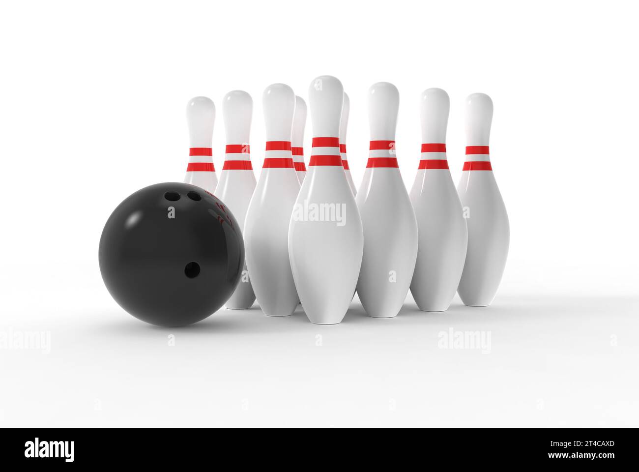 Bowling pins and ball on white background. Stock Photo