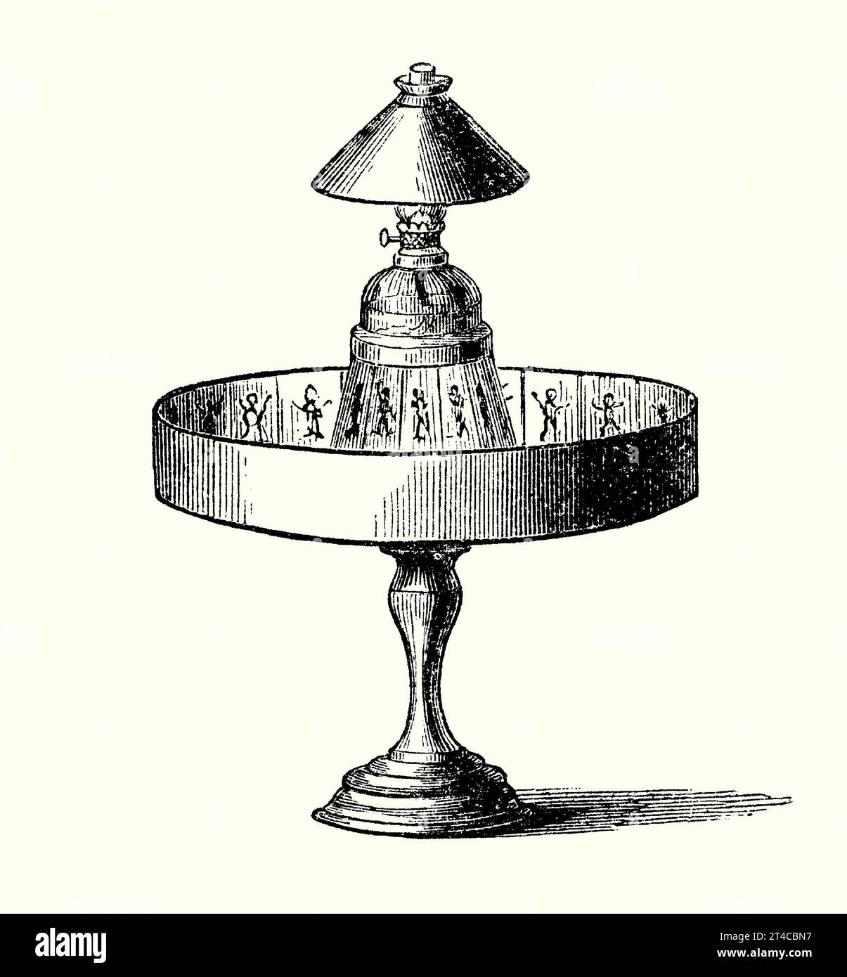 An old engraving of a praxinoscope. It is from Victorian book of the 1890s on sports, games and pastimes. The praxinoscope was an animation device, the successor to the zoetrope. It was invented in 1877 by Frenchman Charles-Émile Reynaud. It used a strip of painted still pictures, usually of someone in motion, placed around the inside surface of a spinning cylinder. The praxinoscope had an inner circle of mirrors, placed around the centre, illuminated by a lamp above. The reflections of the ‘moving’ pictures appeared as the device was turning. Someone looking in the mirrors would see a rapid s Stock Photo