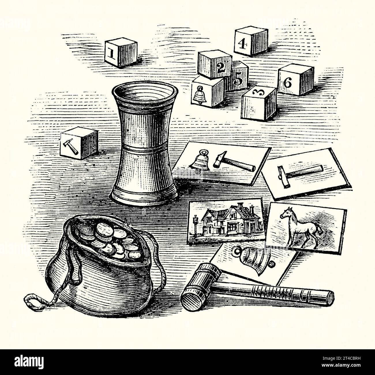 An old engraving of the game of ‘Bell and Hammer’ or ‘Schimmel’. It is from Victorian book of the 1890s on sports, games and pastimes. Bell and Hammer (or ‘Whitehorse’ – in Germany ‘Glocke und Hammer’ or Schimmel) is a dice game, which was popular in Europe in the 19th and early 20th centuries. The game’s equipment consists of 5 illustrated cards (bell and hammer, white horse, inn, hammer and bell), wood or ivory cubes or dice (numbered or with a bell or hammer motif but also with blank sides), a dice box and a bag of counters. Stock Photo