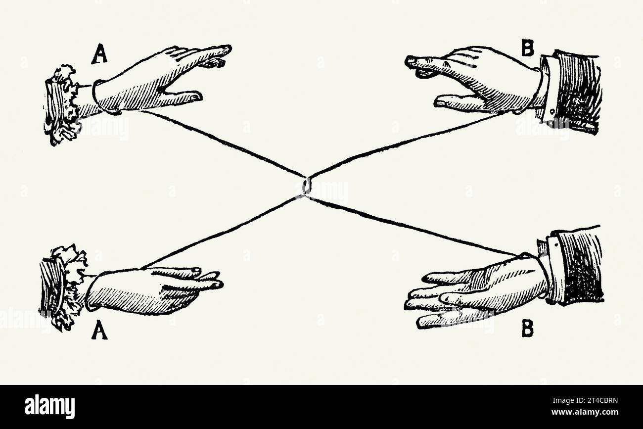 An old engraving of the game, trick or illusion of the ‘Prisoners’ release’ puzzle. It is from Victorian book of the 1890s on sports, games and pastimes. Two pieces of string or tape are tied round the wrists of two people to handcuff or manacle them together. The puzzle is for them to liberate themselves, or for anyone else to suggest a way without untying the string. The solution is for B to make a loop of their string passing under either of A’s ‘manacles’, slipping it over A’s hands – both will become free. Reverse the procedure and the two ‘prisoners’ are tied up as before. Stock Photo