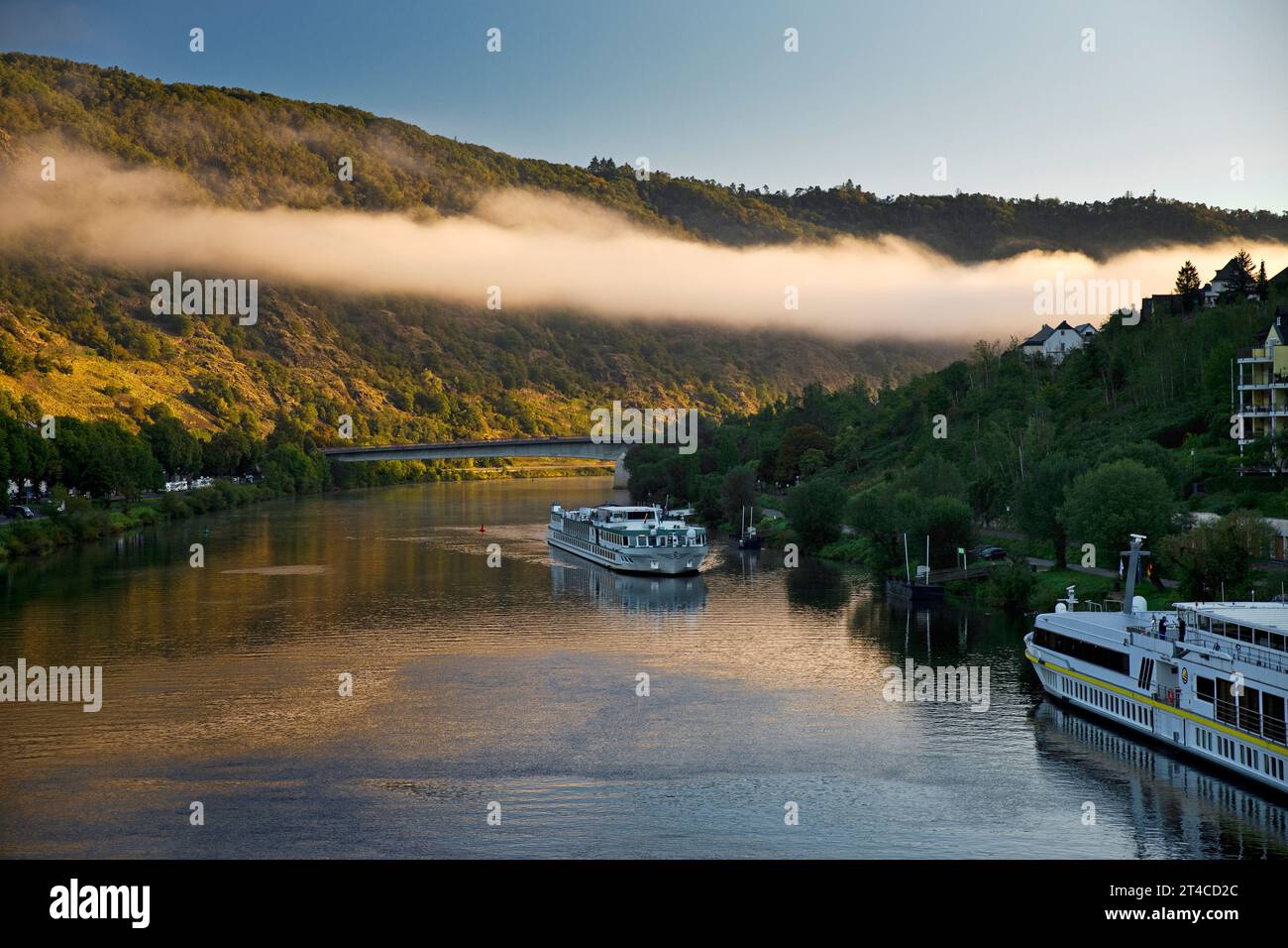 clouds of fog and passenger ship on the Moselle in the early morning, Germany, Rhineland-Palatinate, Cochem Stock Photo