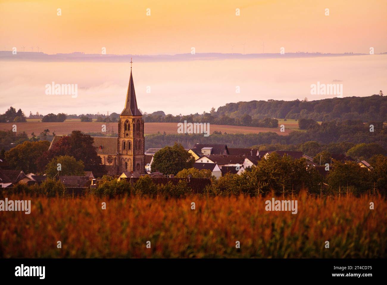 field landscape with Landkern parish and St. Servatius church at dawn, Germany, Rhineland-Palatinate, Landkern Stock Photo