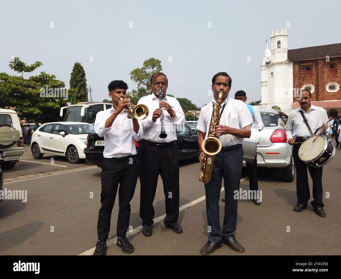 Goan Brass band at Goan funeral in Navelim village in Indian state of Goa Stock Photo