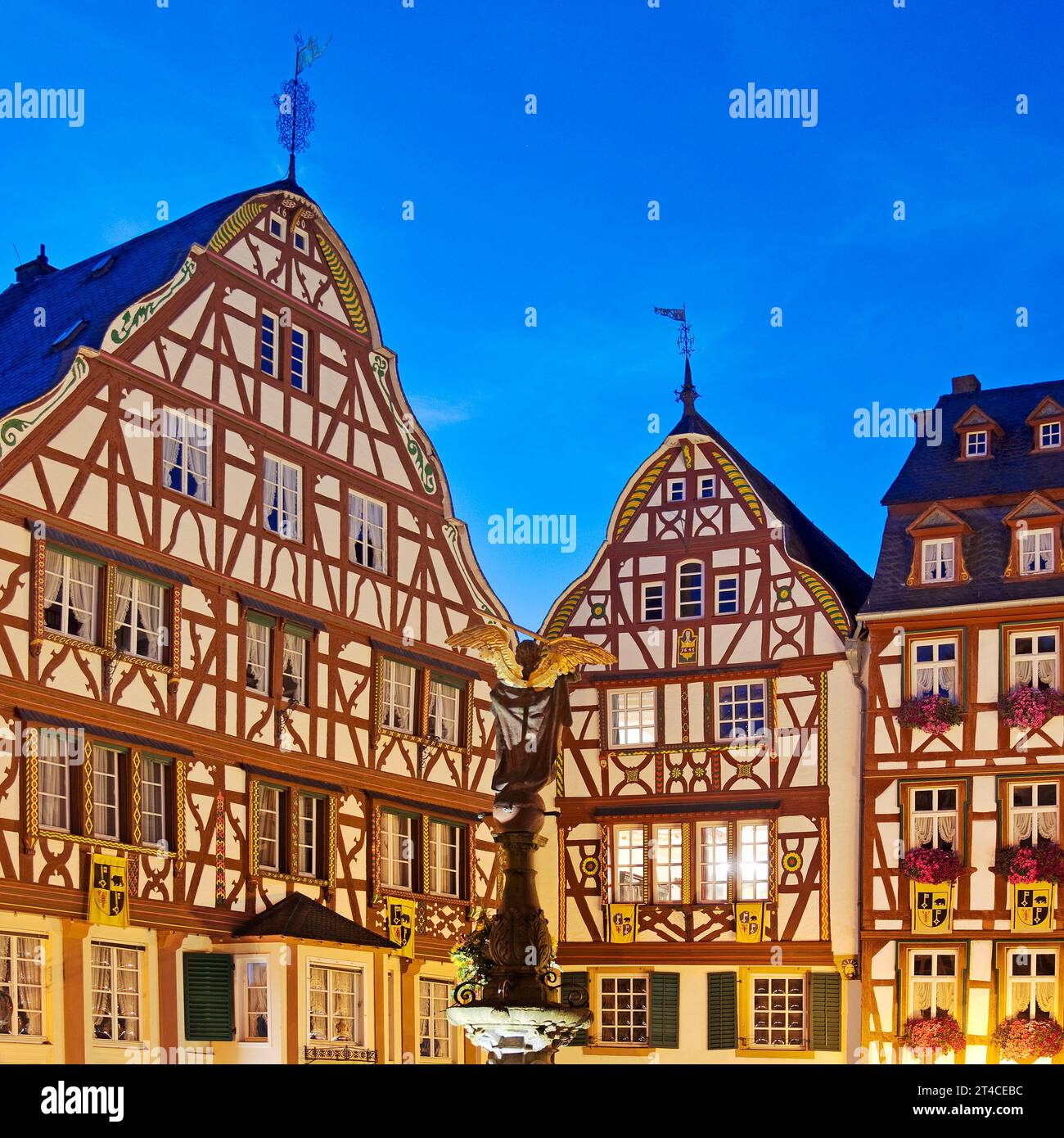 gabled half-timbered houses on the medieval market square in the evening, Germany, Rhineland-Palatinate, Bernkastel-Kues Stock Photo