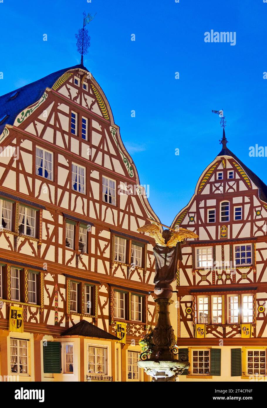 gabled half-timbered houses on the medieval market square in the evening, Germany, Rhineland-Palatinate, Bernkastel-Kues Stock Photo