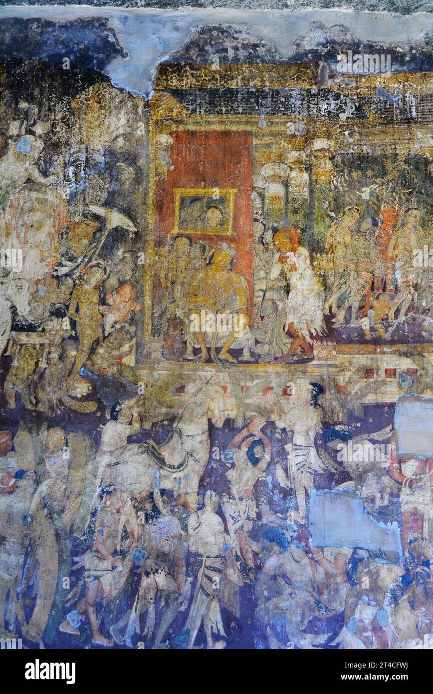 Cave No 17. Simhala Jataka Detail above the cell. Ajanta Caves