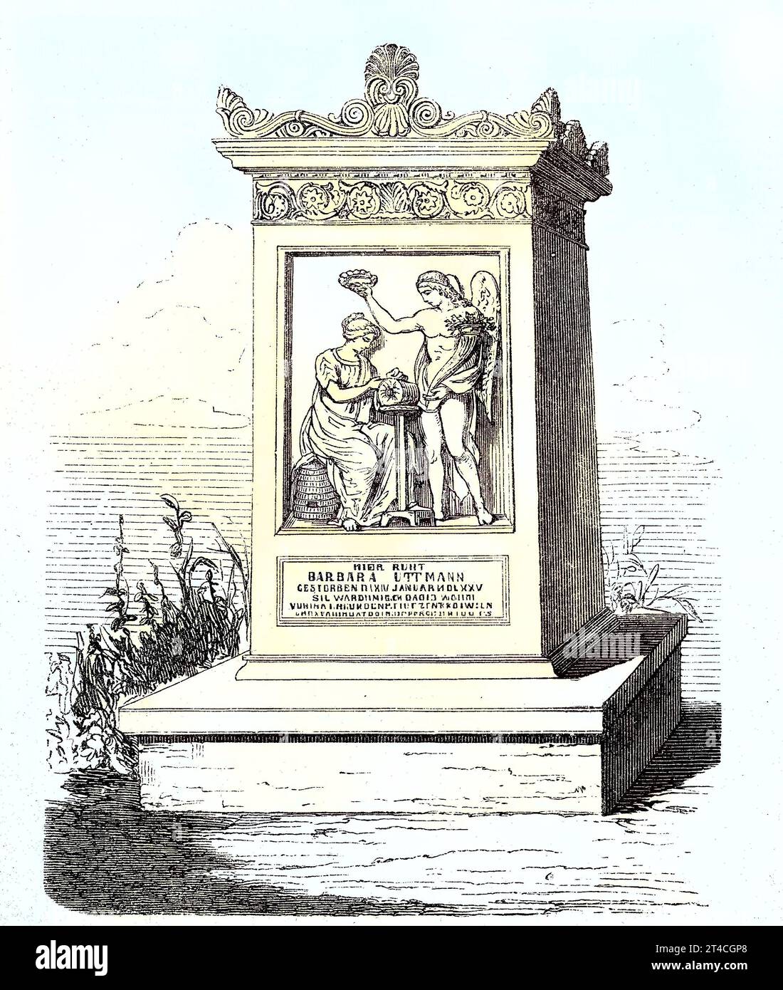 Das Denkmal von Barbara Uttmann auf dem Friedhof in Annaberg in Sachsen, Deutschland, Barbara Uthmann, geboren um 1514 in Annaberg im Erzgebirge in Deutschland, gestorben am 14. Januar 1575, galt als eine der größten Befürworterinnen des Klöppelns, Reproduktion eines Holzschnitts aus dem Jahr 1880, digital verbessert  /  The monument of Barbara Uttmann at the cemetery at Annaberg in Saxony, Germany, Barbara Uthmann, born around 1514 in Annaberg in the Ore Mountains in Germany, died 14 January 1575, was considered to be one of the greatest supporters of bobbin lace making, reproduction of a woo Stock Photo