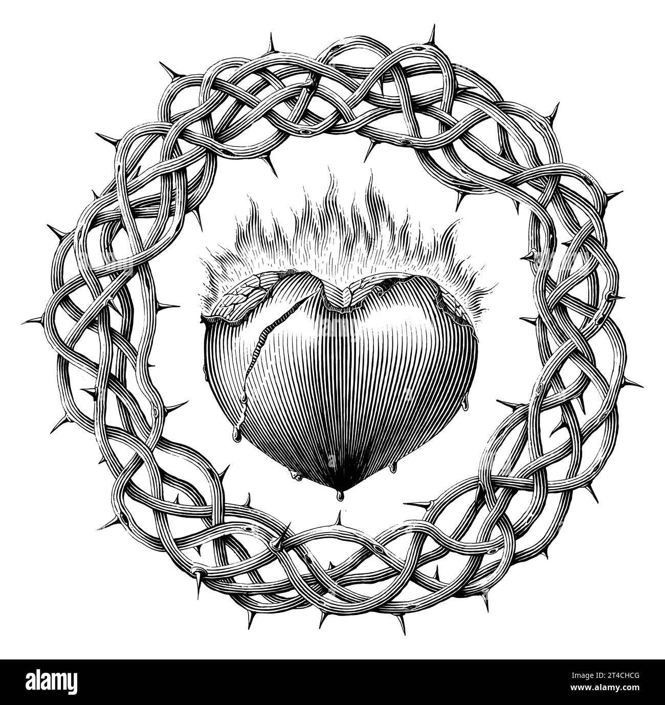 Sacred heart surrounded by a crown of thorns hand draw vintage engraving style Stock Vector