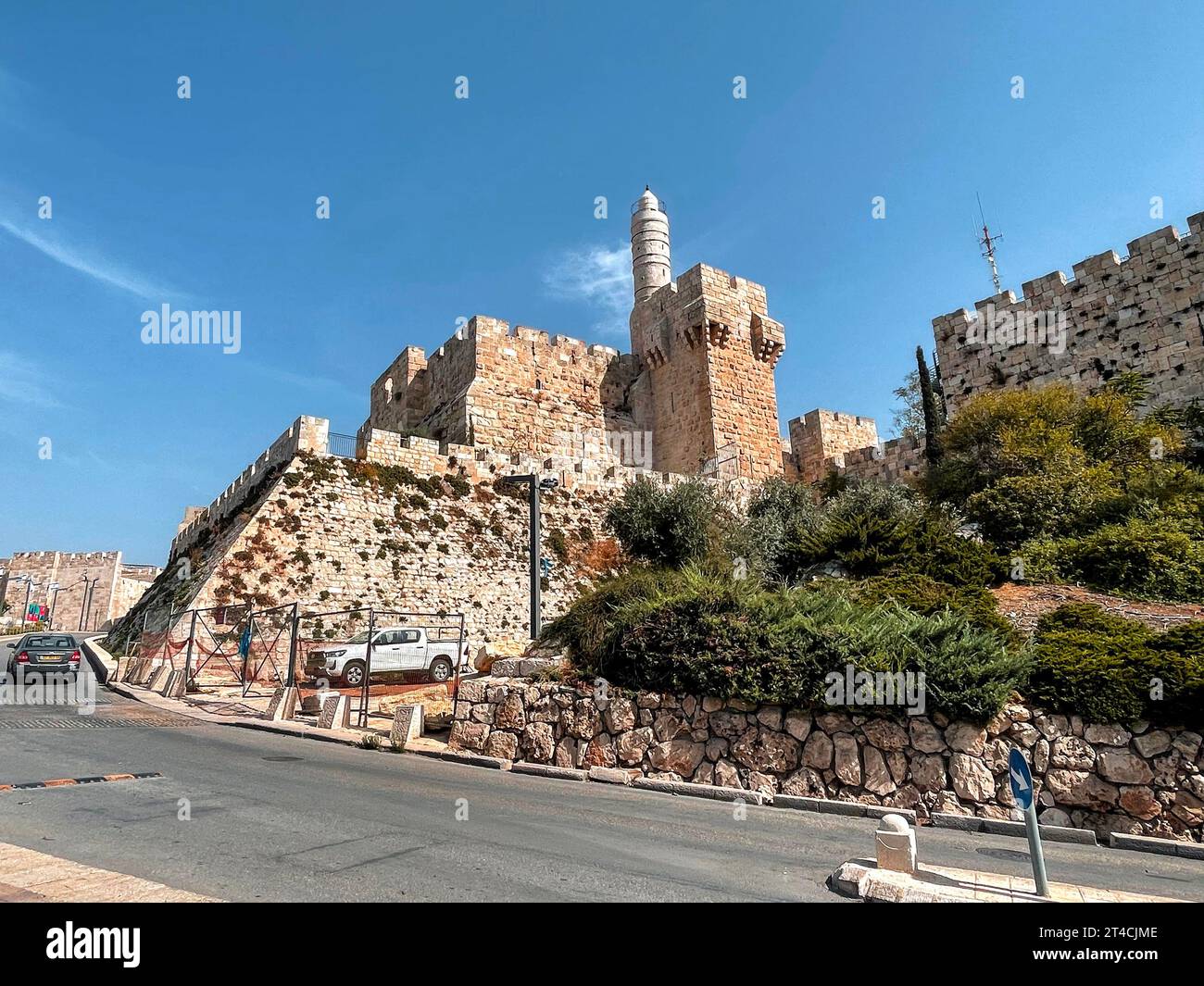 Jerusalem, Israel - October 23, 2023: The Tower of David and the walls of the old city of Jerusalem, view from the outside of the walls. Stock Photo