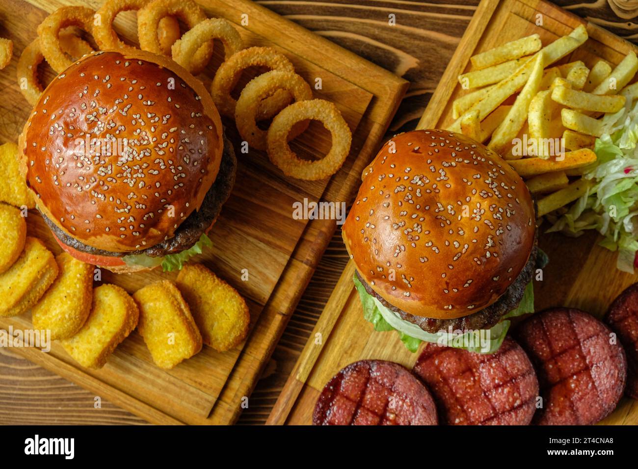 Various dishes of burgers with meat Stock Photo