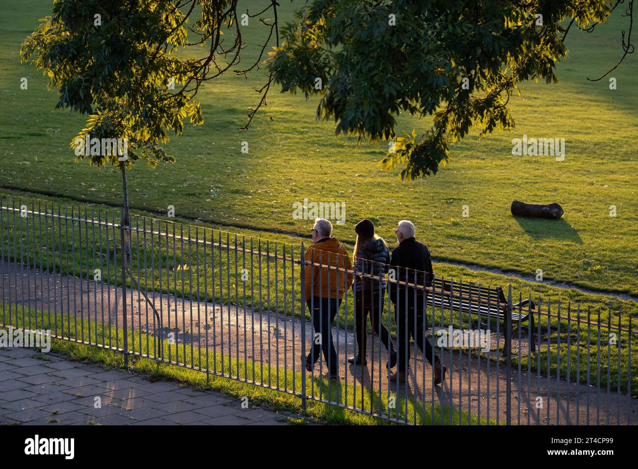 Three people walk together through autumn afternoon colours in Ruskin Park, a south London green space, on 27th October 2023, in London, England. Stock Photo