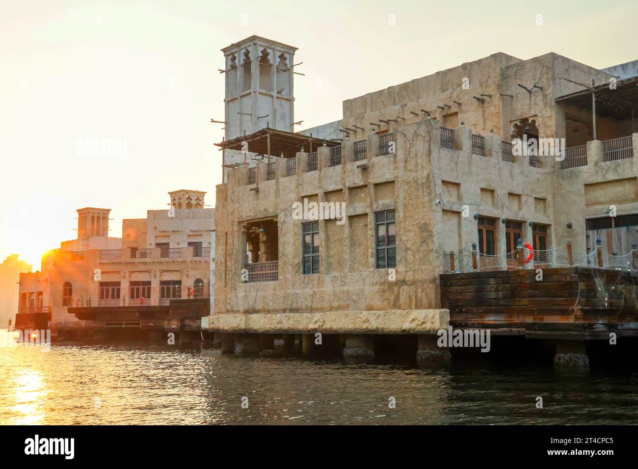 29th October 2023, Dubai, UAE. An early morning from Dubai Abra with traditional building and boats. Its a common man travel mode and for tourists. Stock Photo