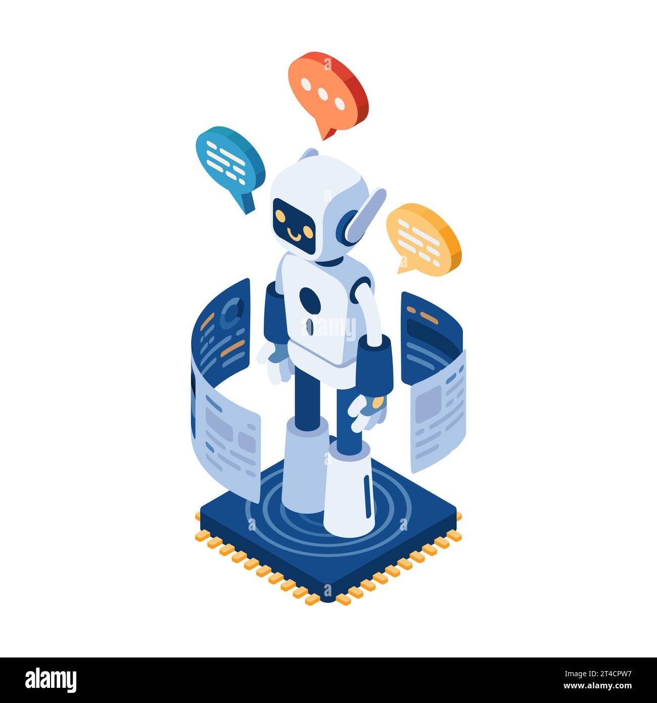 Flat 3d Isometric AI Chatbot or Robot on Computer Chip. Machine Learning and Artificial Intelligence Technology Concept. Stock Vector