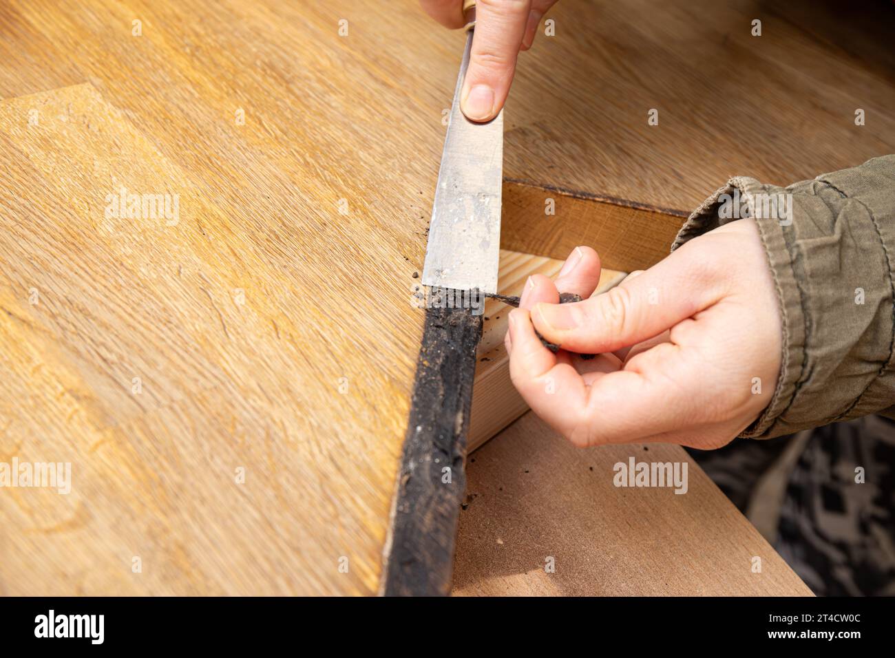 Person hands work remove water damage from butcher block material countertop in home kitchen, sink edge maintenance. Stock Photo