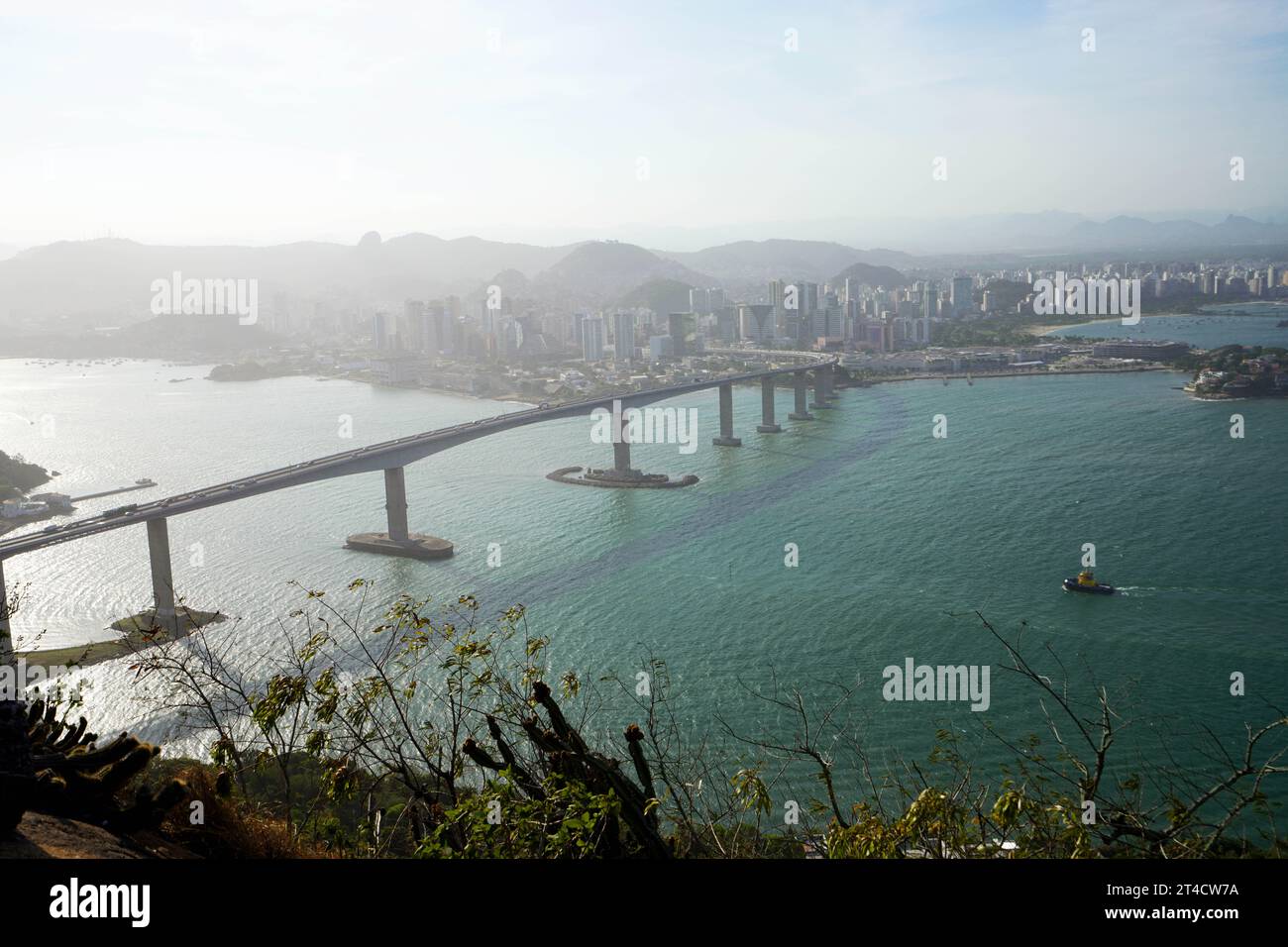 Aerial View of Vitoria City with Terceira Ponte Bridge, Espirito Santo, Brazil Stock Photo