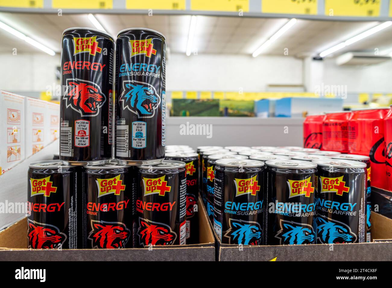 Italy - October 24, 2023: Get Up Energy Drink and sugar-free in cans displayed in Italian discount supermarkets for sale Stock Photo