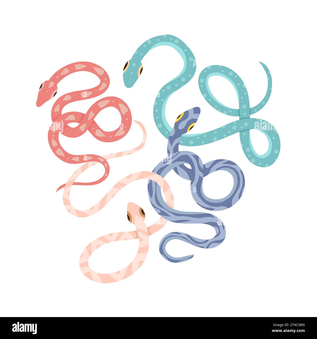 Vector illustration with cartoon tangled snakes. Colorful clipart with ...