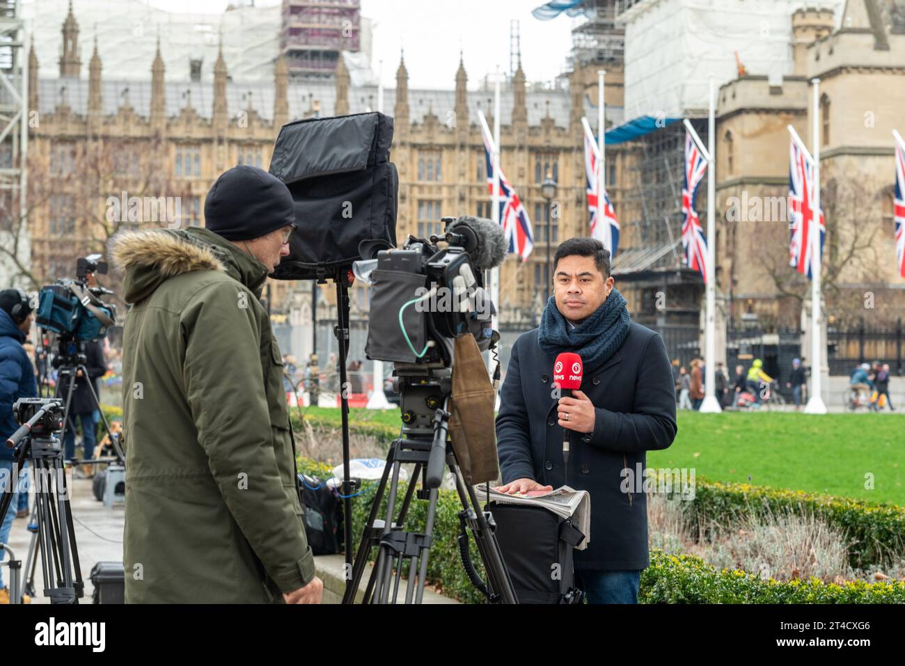 Daniel Faitaua of 1 News NZ. TV news presenter outside Parliament on Brexit Day, 31 January 2020, London, UK. Worldwide coverage. 1 News New Zealand Stock Photo