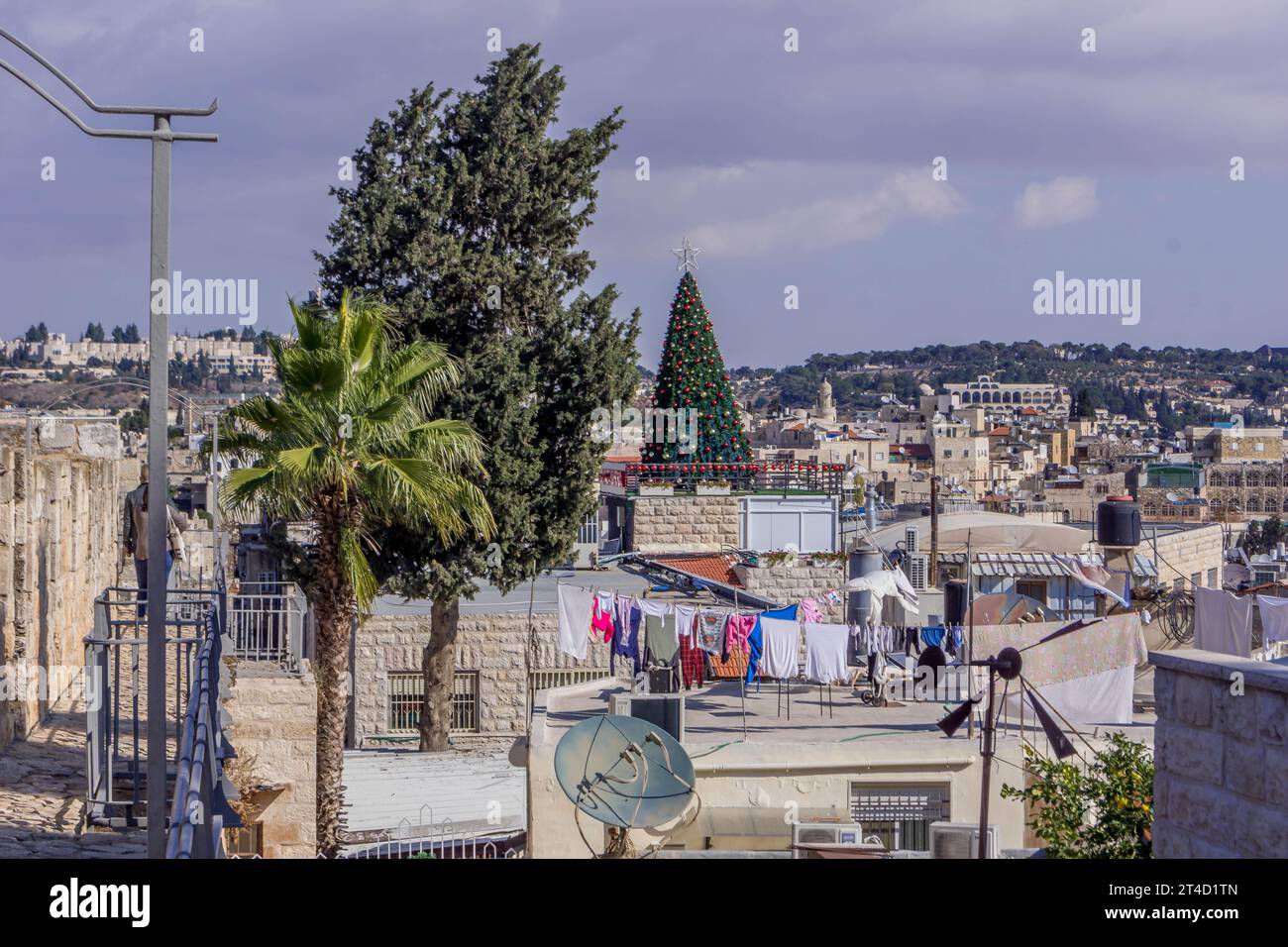 The big Christmas tree installed in the Old Town of Jerusalem before the New Year's eve. Stock Photo