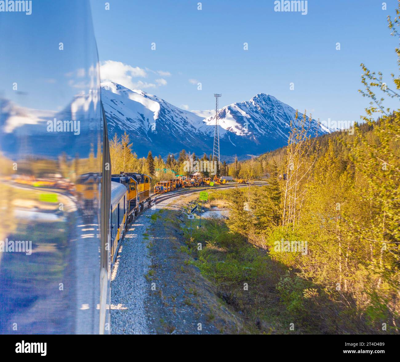 Famous scenic train ride on Alaska Railroad Coastal Classic train between Seward and Anchorage, Alaska. Climbs to 'Grandview' summit. Stock Photo