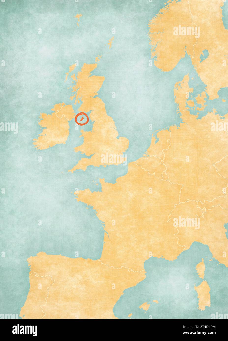 Isle of Man on the map of Western Europe in soft grunge and vintage