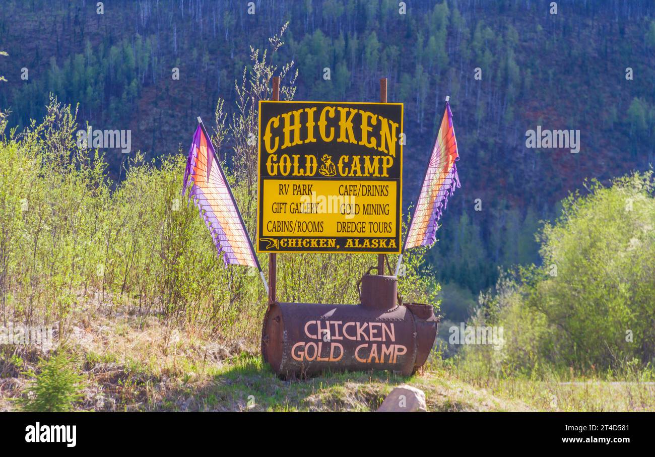 Chicken, Alaska, is a tourism based small town on the 'Top of the World Highway' between Dawson City, Yukon Territory, and Tetlin Junction, Alaska. Stock Photo