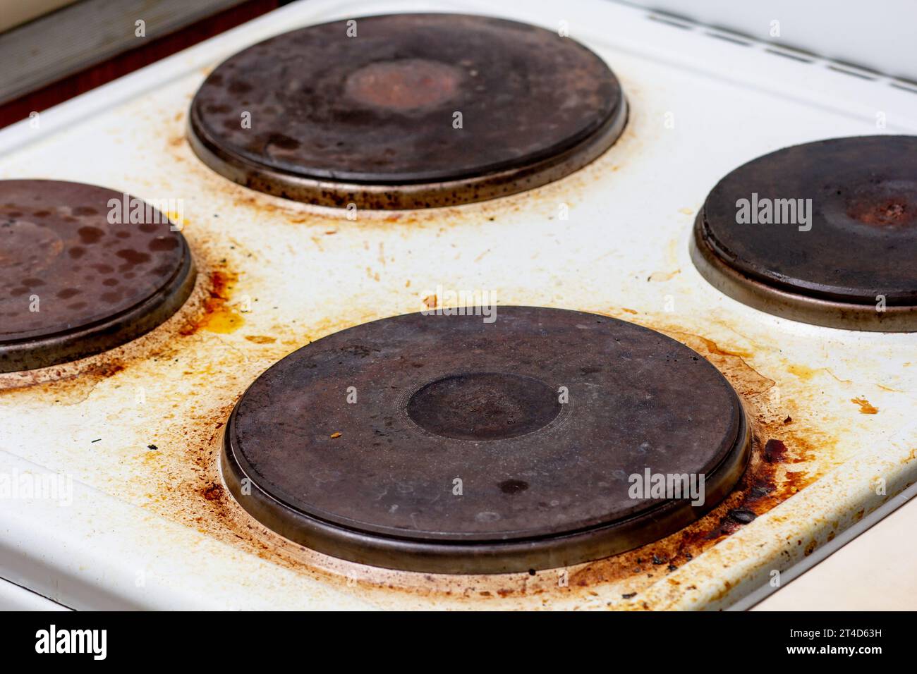 Dirty white electric stove with fat on surface Stock Photo