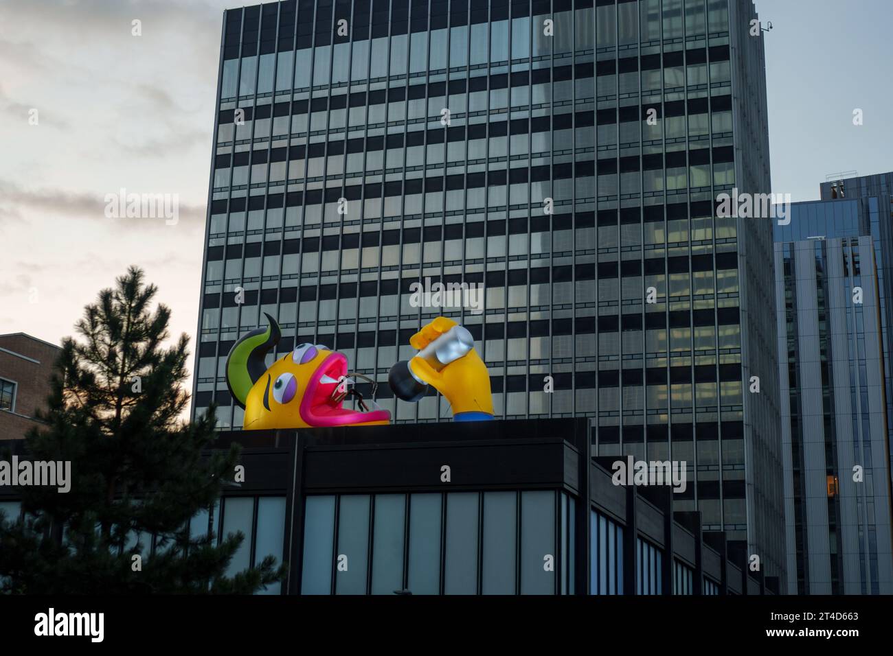 Inflatable monster adorn public buildings in Manchester City centre as part of the halloween festival Stock Photo