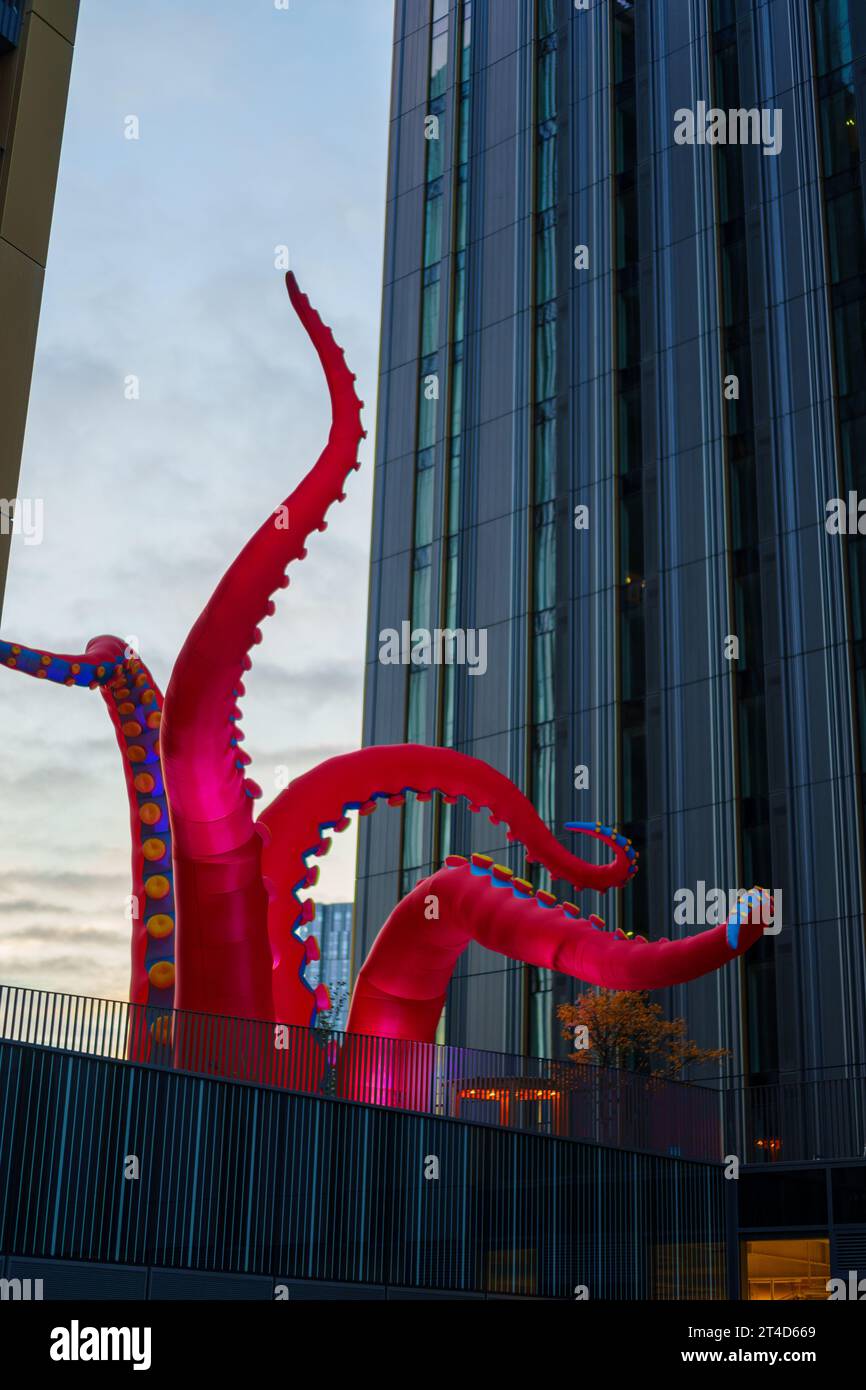 Inflatable monster adorn public buildings in Manchester City centre as part of the halloween festival Stock Photo
