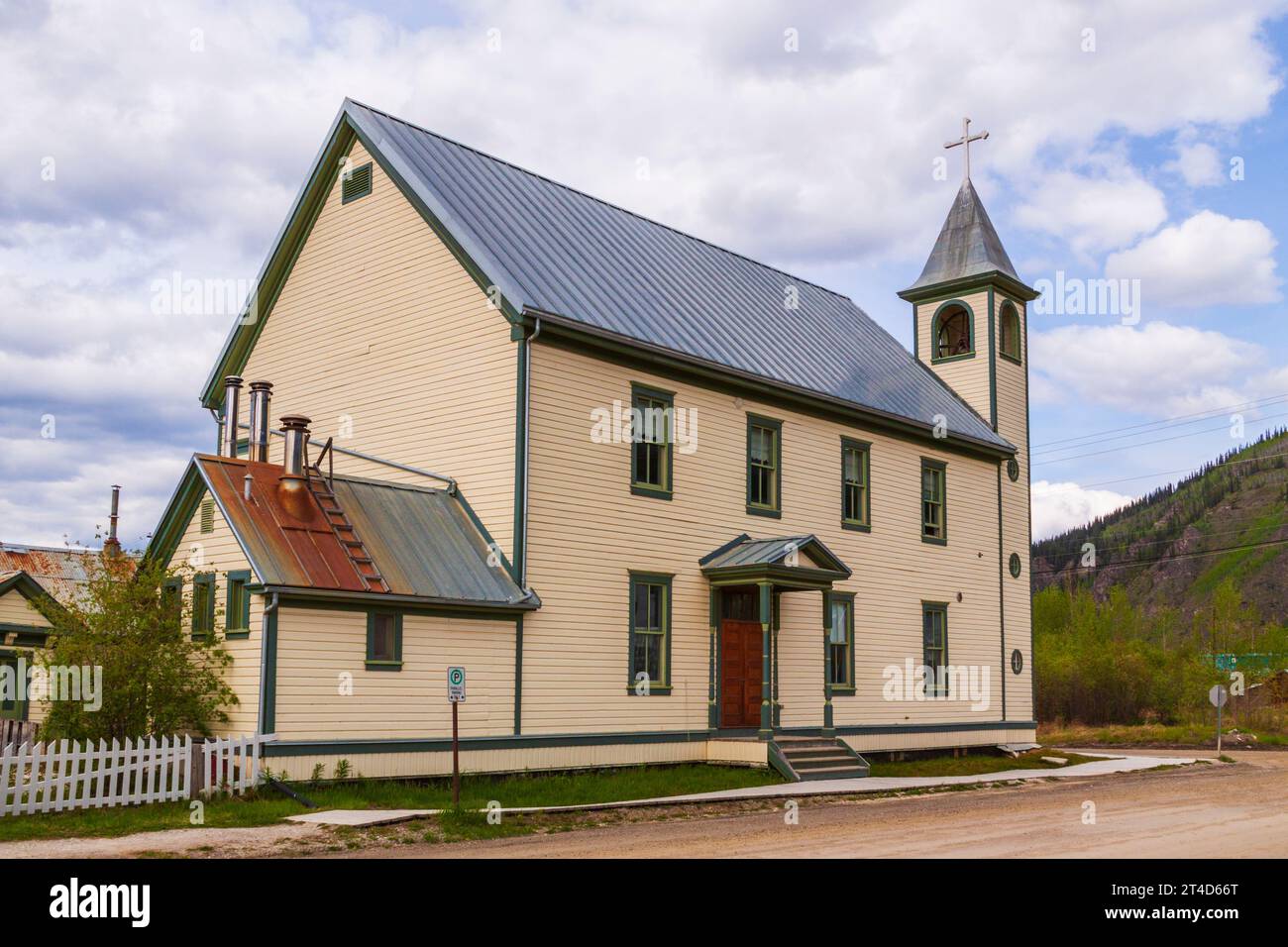 Dawson City in the Yukon Territory, Canada, has a subarctic climate and a year round population of about 1900. St. Mary's Catholic Church. Stock Photo