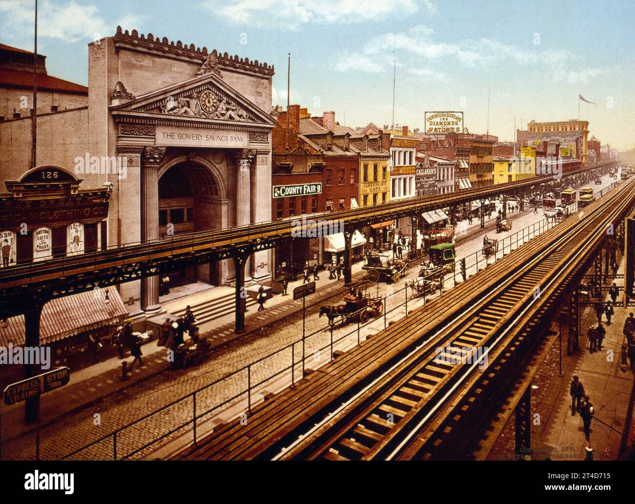 Bowery, New York City, ca. 1898  Photochrom print by the Detroit Photographic Co., copyrighted 1898. Stock Photo