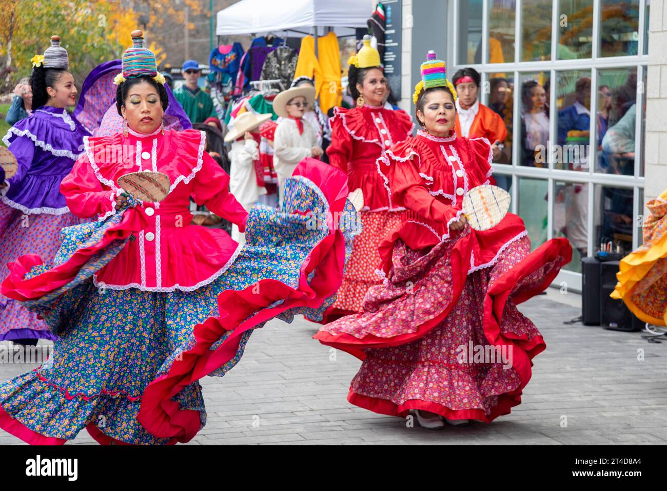 Detroit, Michigan - The Ballet Folklorico Moyocoyani Izel performs during the Day of the Dead celebration at Valade Park on the Detroit Riverfront. Stock Photo