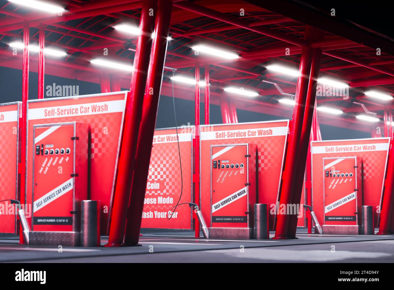 A 3D rendering of an empty selfservice car wash station with red
